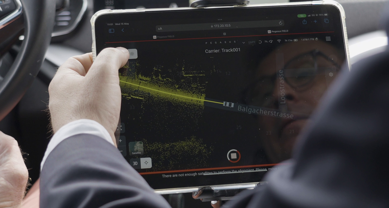 Tablet in a car showing Leica Pegasus FIELD software while performing mobile mapping