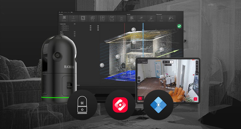 Image of Leica BLK360 SE Essentials overlaying a point cloud dataset: Leica BLK360 SE, Leica Cyclone FIELD 360 software in an iPad, and Pinpoint software on a computer monitor.