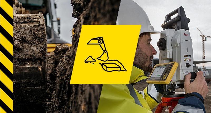 Leica iCON build byggprogramvara för markarbeten och förberedelse av anläggningsplatser; en man med iCON totalstation