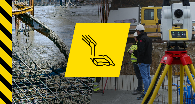 Drei Personen auf einer Baustelle mit einer Leica iCON Totalstation während des Gießens von Betonpfählen und -platten für Gebäudefundamente.