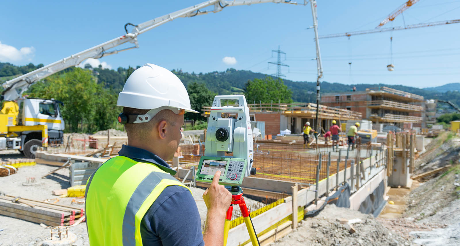 Leica TS16 robotic total station used on a building construction site