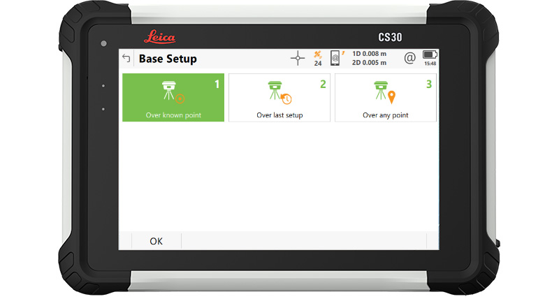Der CS30 Feld-Controller, auf dem ein Screenshot der Anwendung „Gleis abstecken“ der Gleis-App von Leica Captivate zu sehen ist.