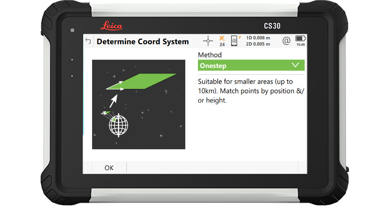 Screenshot der Leica Captivate Gleis-App auf dem CS30-Feld-Controller, auf dem die Gleisüberprüfung mit einem Spurweiten-Gerät zu sehen ist.