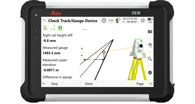 Capture d'écran de l'application Leica Captivate Rail montrant le contrôle de voies avec un gabarit d'écartement sur un carnet de terrain CS30.
