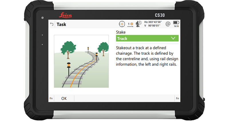 Carnet de terrain CS30 affichant une capture d'écran de l'application Implantation de rail de Leica Captivate.