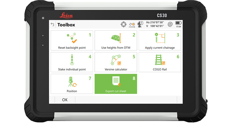 A Leica Captivate Rail App screenshot showing the toolbox inluding the Export Cut Sheet tool on a CS30 field controller.