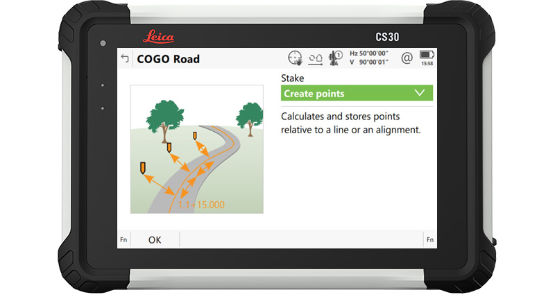 Schermafbeelding van COGO Weg in de Leica Captivate-veldsoftware op een CS30-tablet.