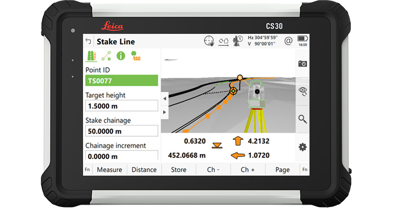 Tablet CS30, na ekranie oprogramowanie terenowe Leica Captivate z obrazem tyczenia linii.