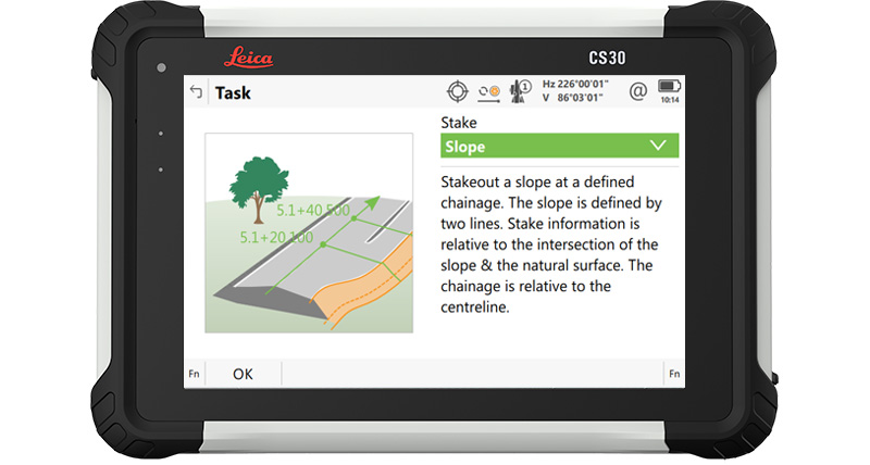 Leica Captivate field software slope stakeout screenshot in the CS30 tablet