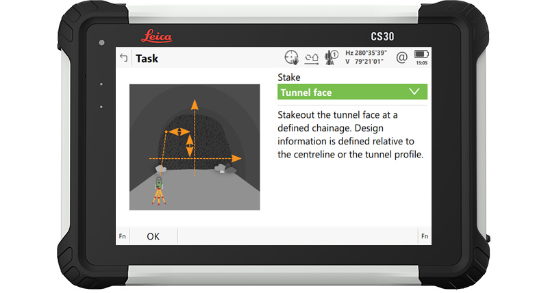 Skärmbild av tunnelöppning från tunnelappen i Leica Captivate-fältmjukvara på CS30-fältdator.